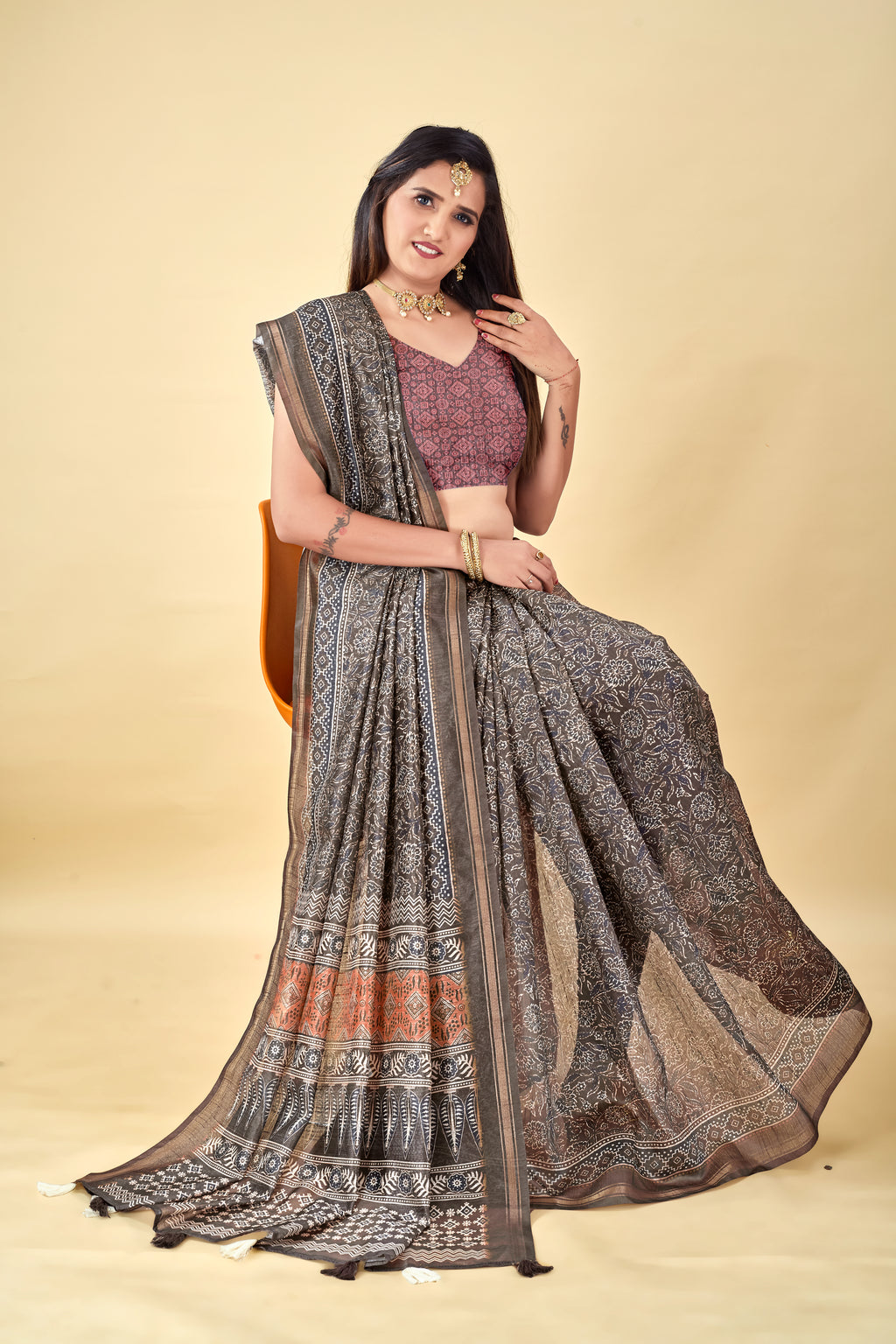 Soft Raw Silk Saree with Ajrakh Digital Prints & Golden Zari Border