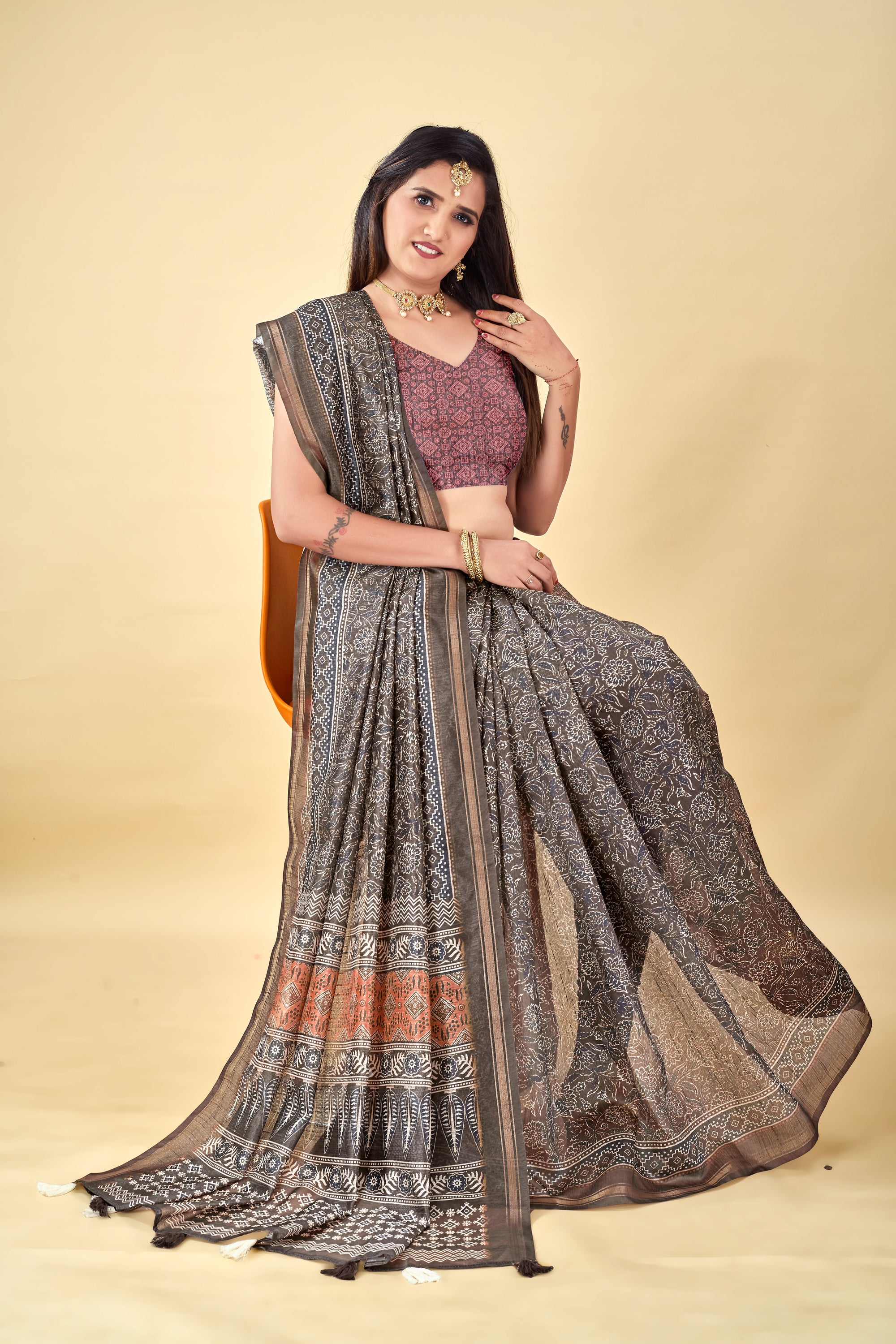Soft Raw Silk Saree with Ajrakh Digital Prints & Golden Zari Border