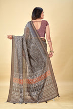 Soft Raw Silk Saree with Ajrakh Digital Prints & Golden Zari Border