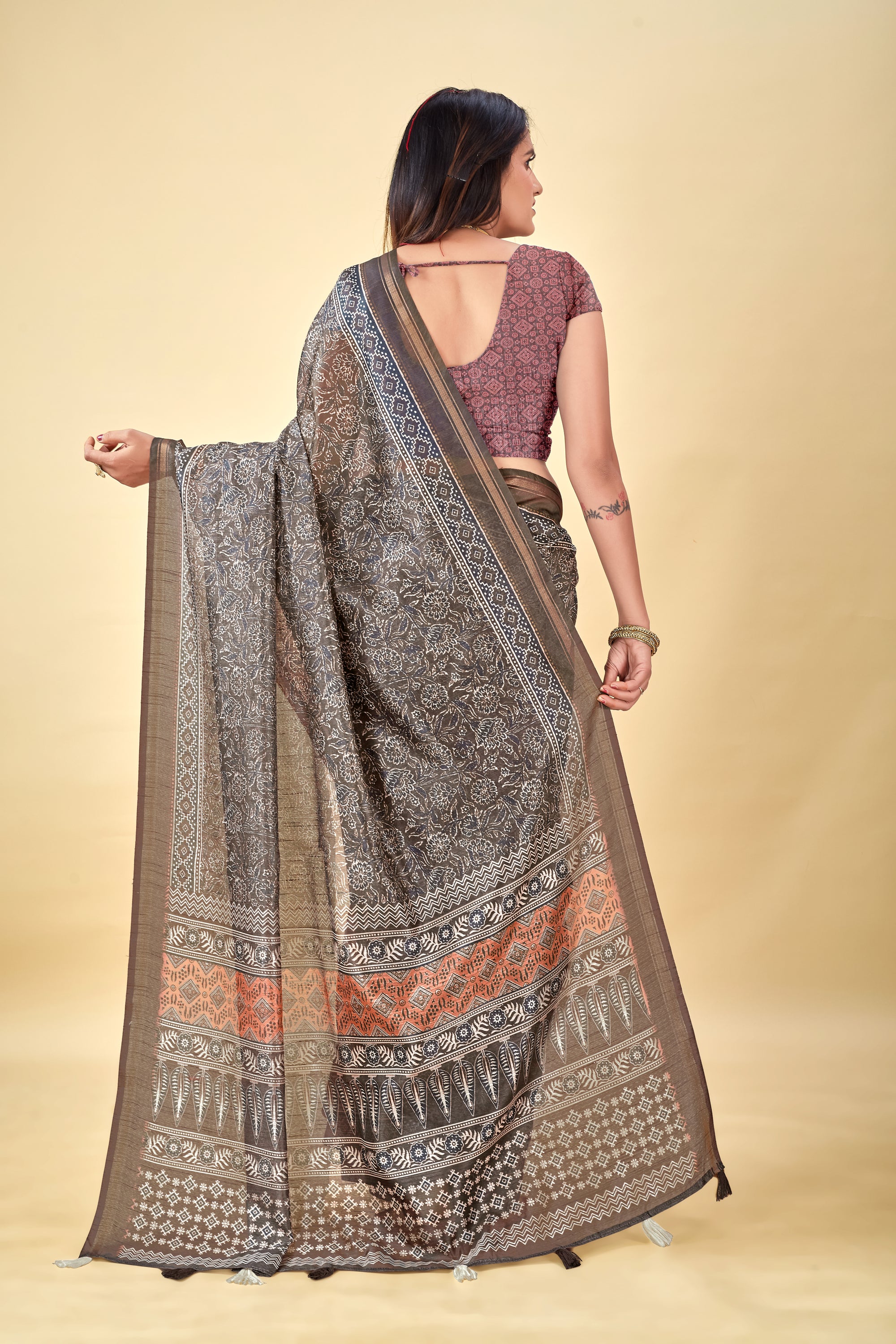 Soft Raw Silk Saree with Ajrakh Digital Prints & Golden Zari Border