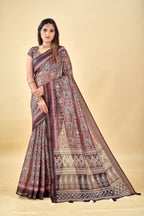 Soft Raw Silk Saree with Ajrakh Digital Prints & Golden Zari Border