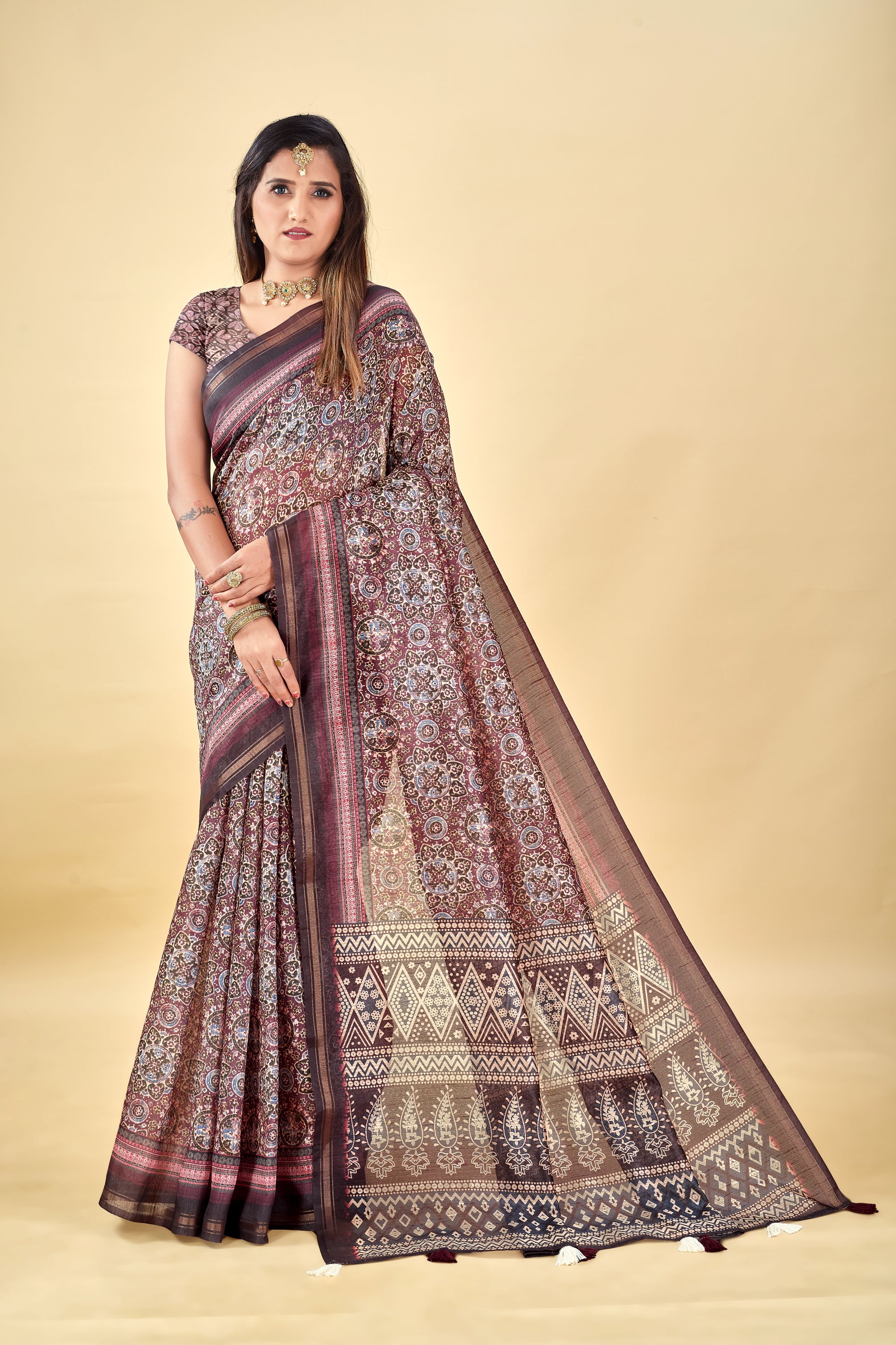 Soft Raw Silk Saree with Ajrakh Digital Prints & Golden Zari Border