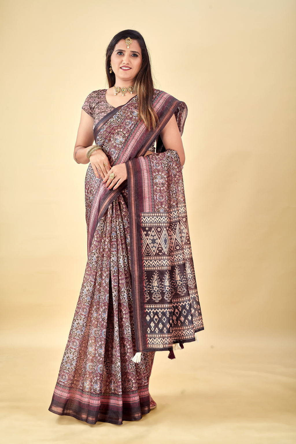Soft Raw Silk Saree with Ajrakh Digital Prints & Golden Zari Border