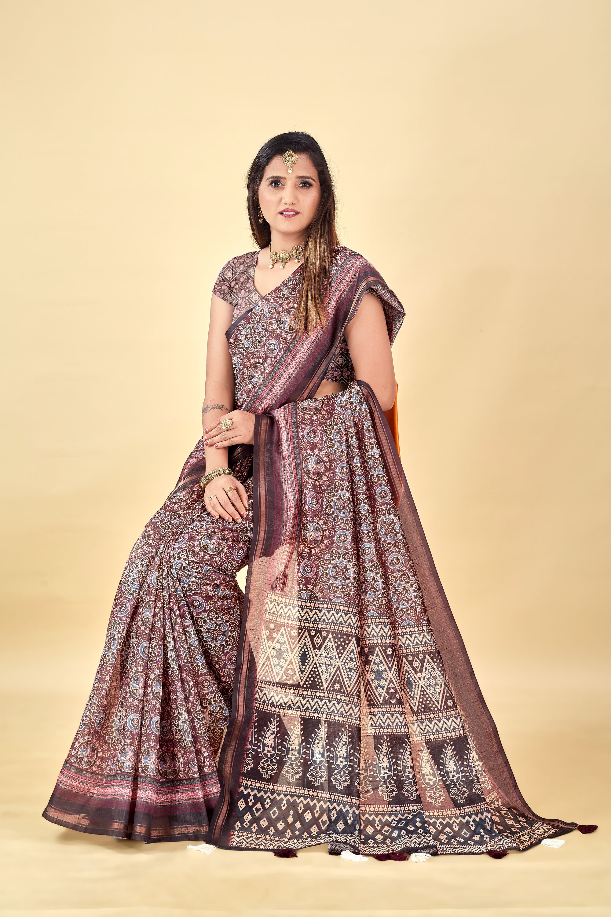Soft Raw Silk Saree with Ajrakh Digital Prints & Golden Zari Border