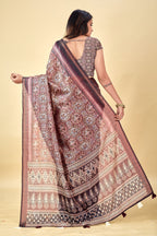 Soft Raw Silk Saree with Ajrakh Digital Prints & Golden Zari Border