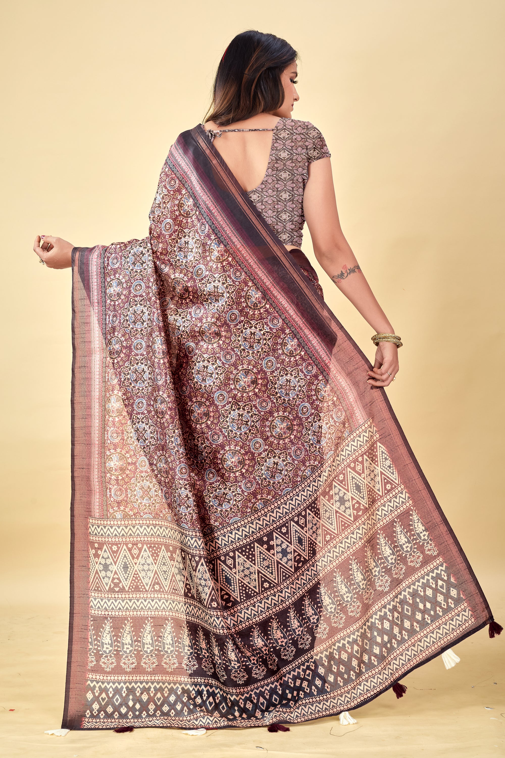 Soft Raw Silk Saree with Ajrakh Digital Prints & Golden Zari Border