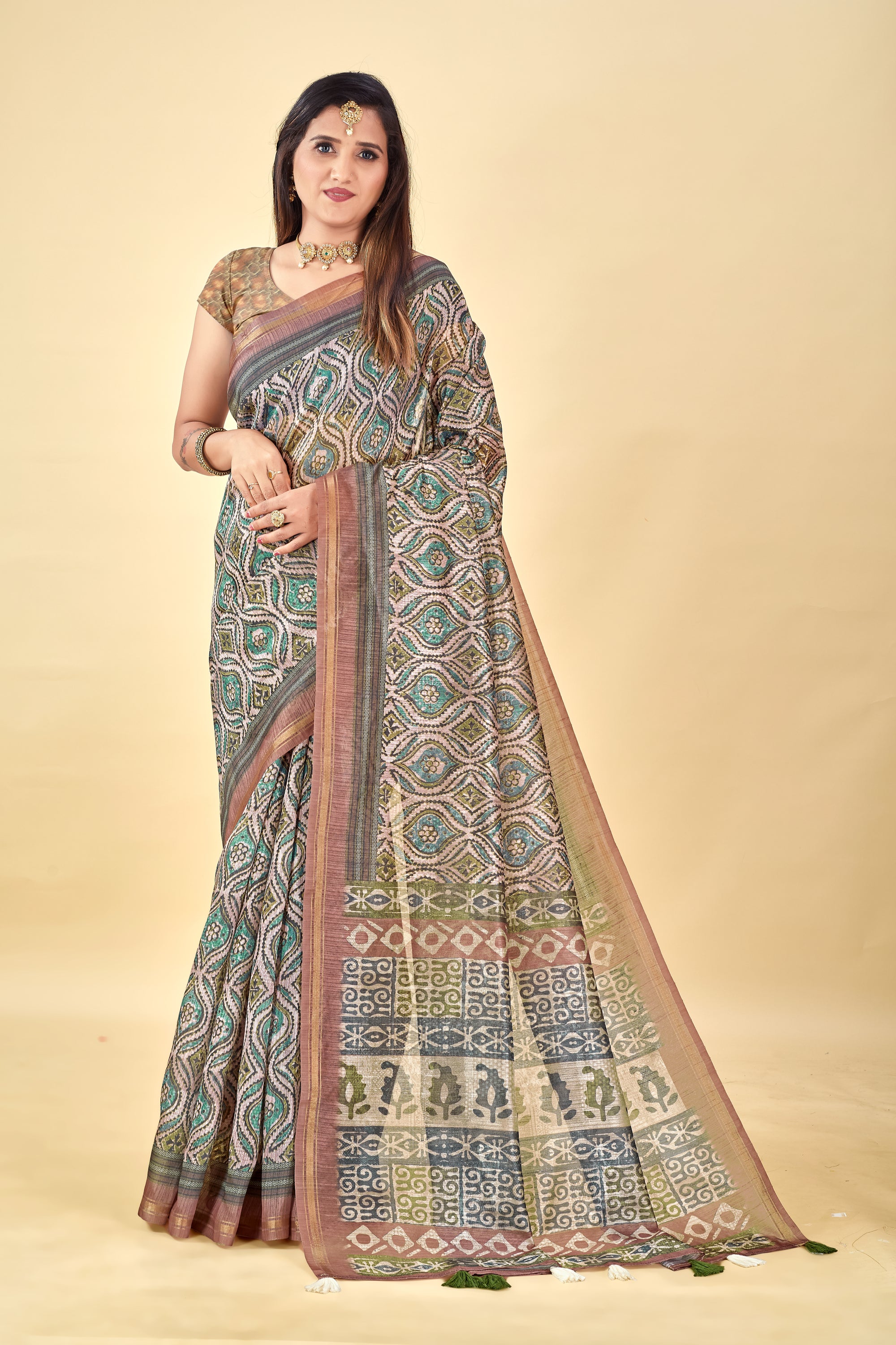Soft Raw Silk Saree with Ajrakh Digital Prints & Golden Zari Border