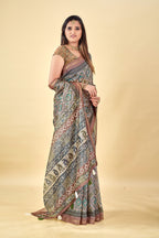 Soft Raw Silk Saree with Ajrakh Digital Prints & Golden Zari Border