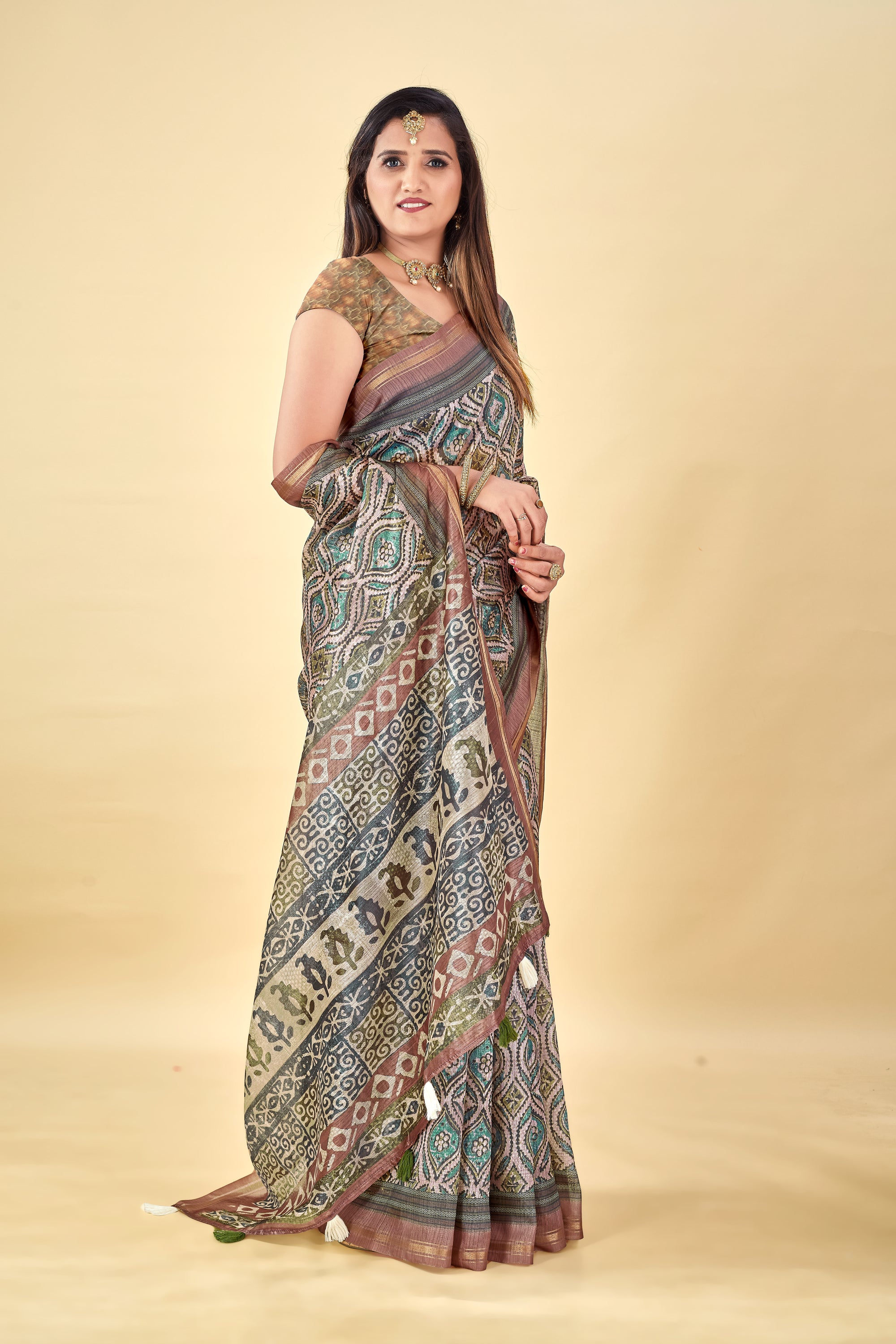 Soft Raw Silk Saree with Ajrakh Digital Prints & Golden Zari Border