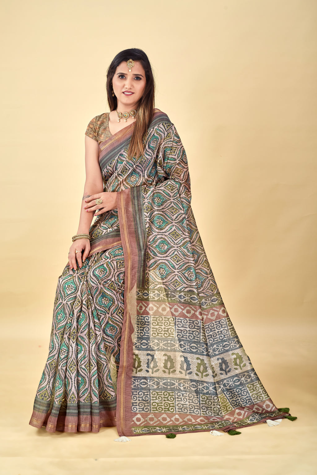 Soft Raw Silk Saree with Ajrakh Digital Prints & Golden Zari Border
