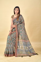 Soft Raw Silk Saree with Ajrakh Digital Prints & Golden Zari Border