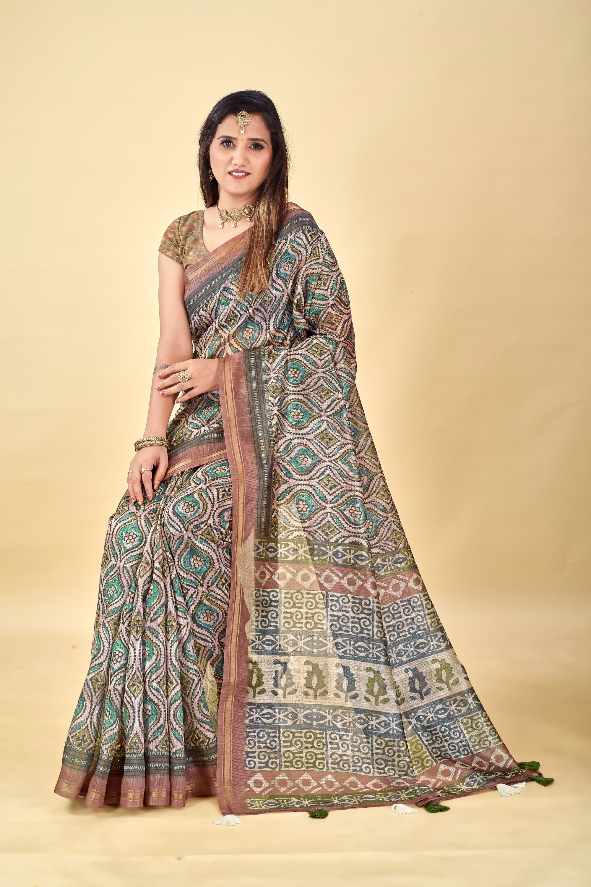 Soft Raw Silk Saree with Ajrakh Digital Prints & Golden Zari Border