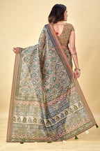Soft Raw Silk Saree with Ajrakh Digital Prints & Golden Zari Border