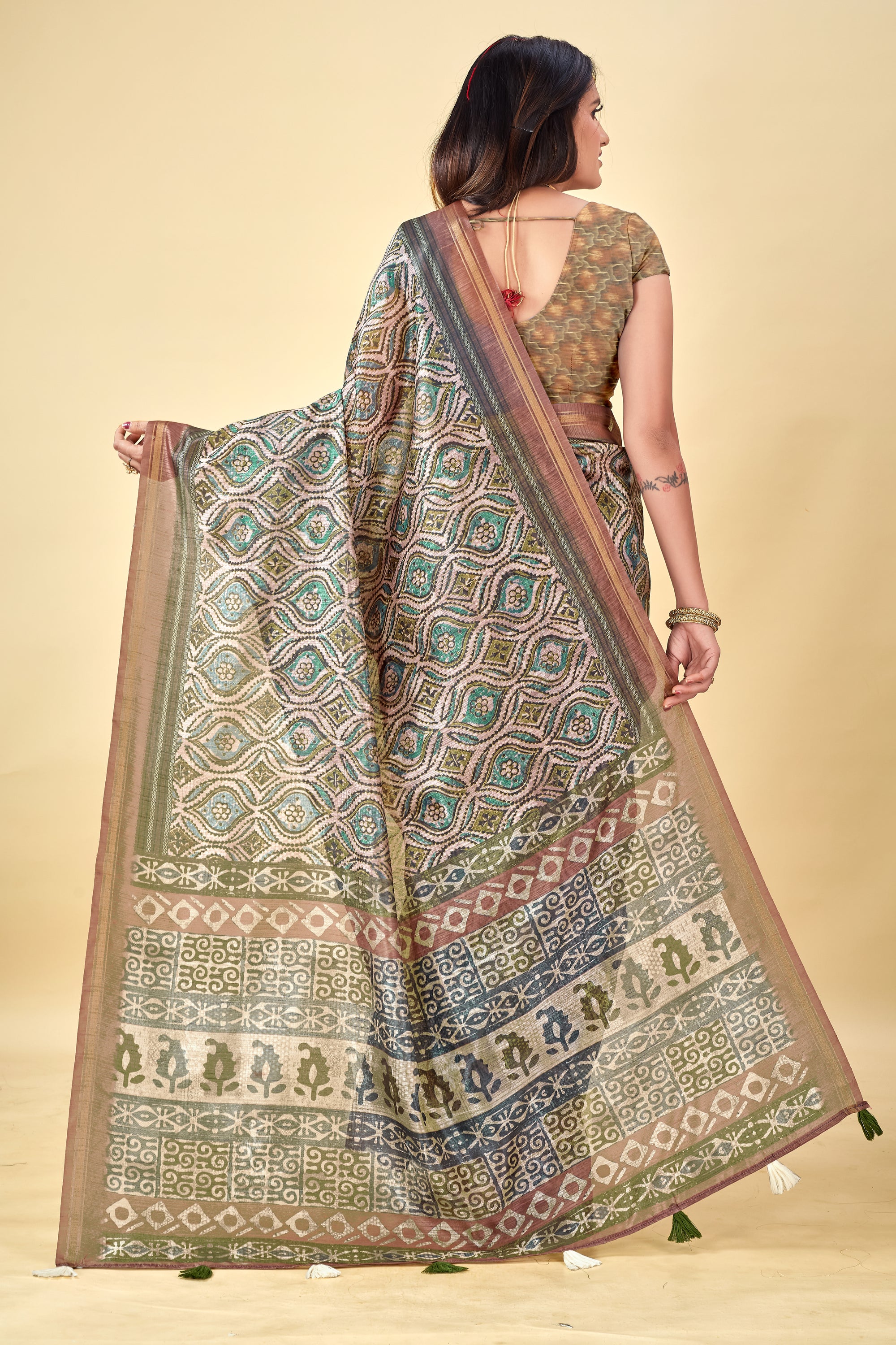 Soft Raw Silk Saree with Ajrakh Digital Prints & Golden Zari Border