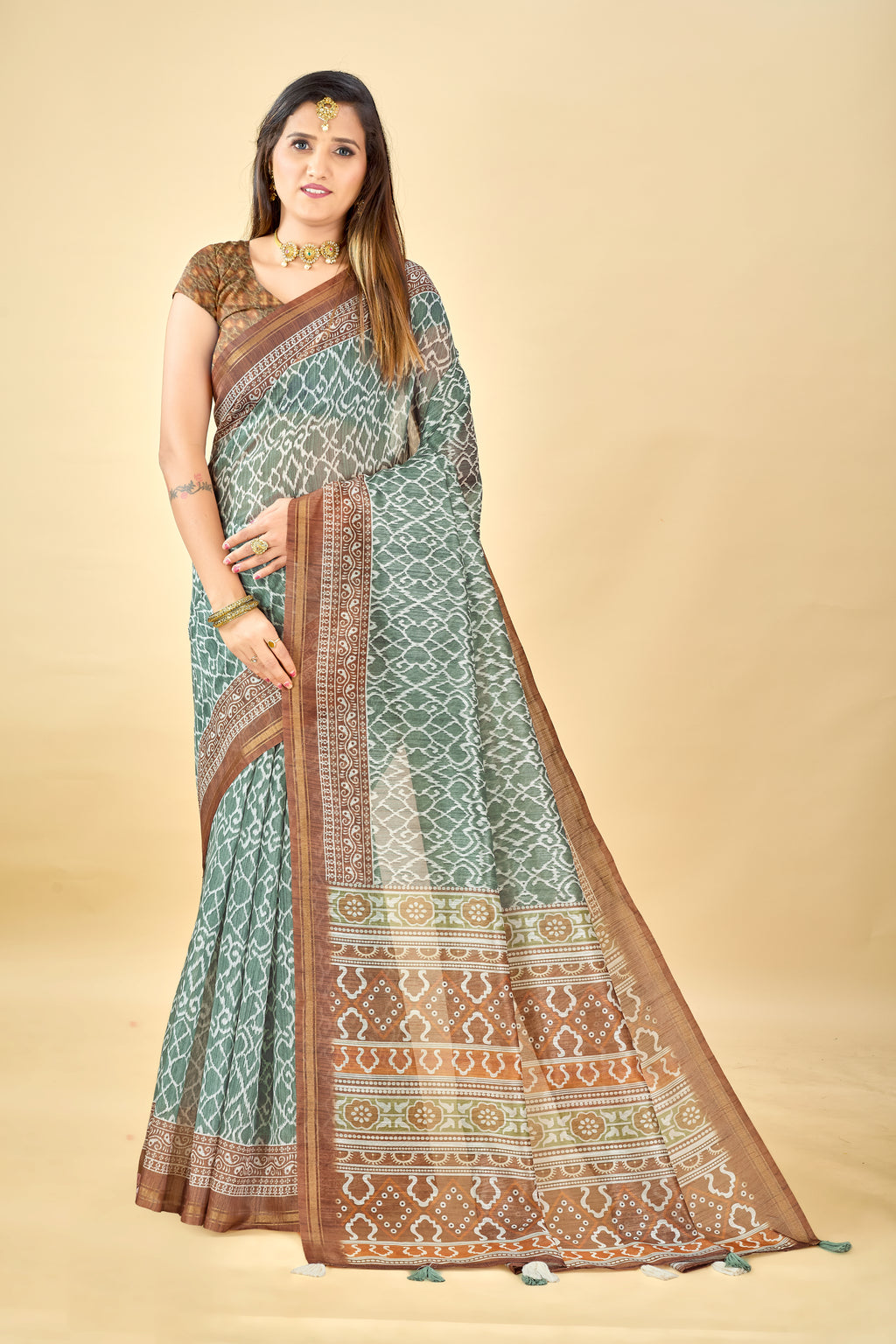Soft Raw Silk Saree with Ajrakh Digital Prints & Golden Zari Border