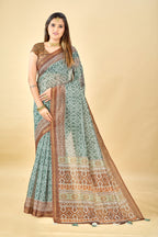Soft Raw Silk Saree with Ajrakh Digital Prints & Golden Zari Border