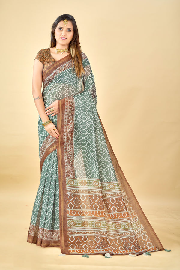 Soft Raw Silk Saree with Ajrakh Digital Prints & Golden Zari Border