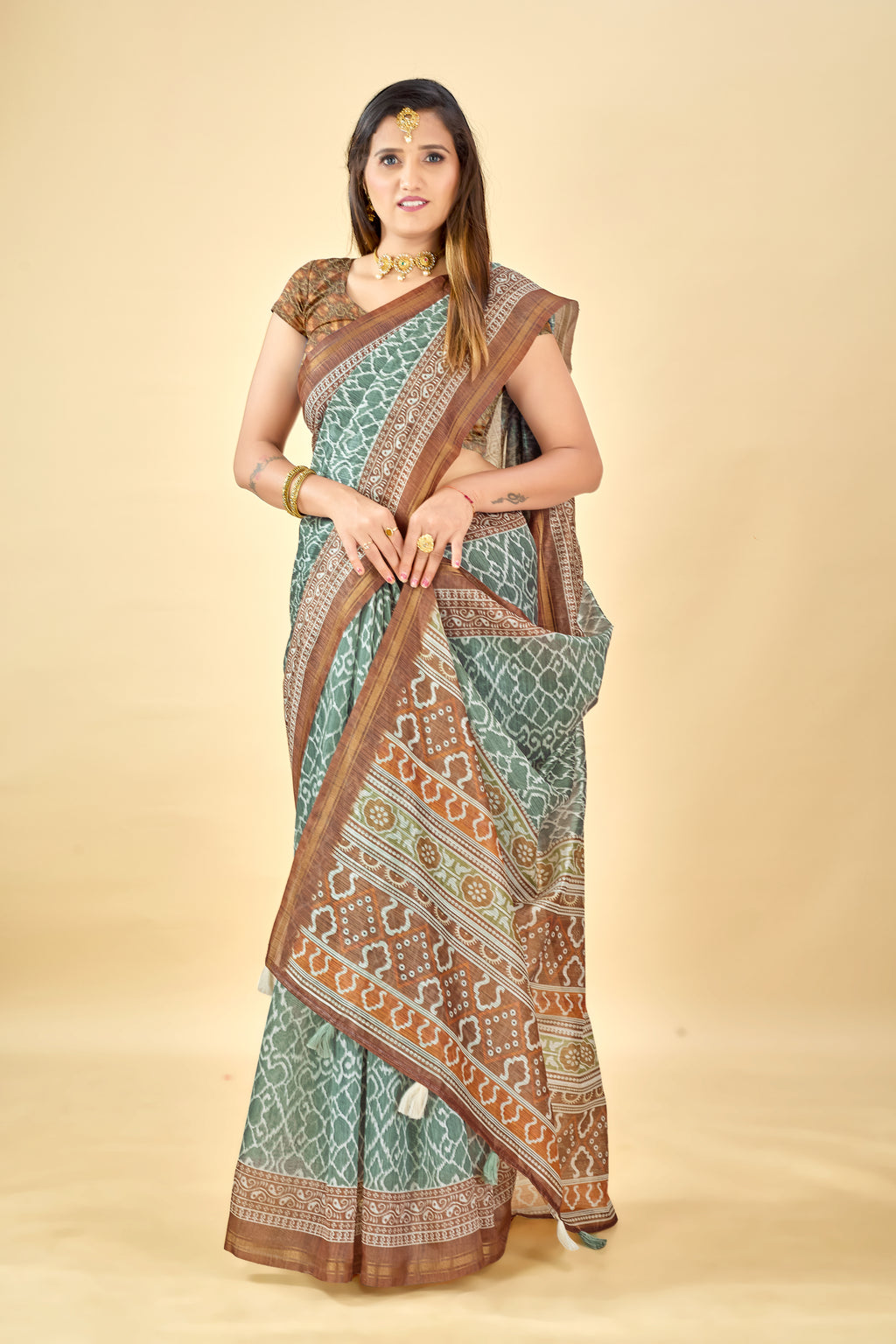 Soft Raw Silk Saree with Ajrakh Digital Prints & Golden Zari Border