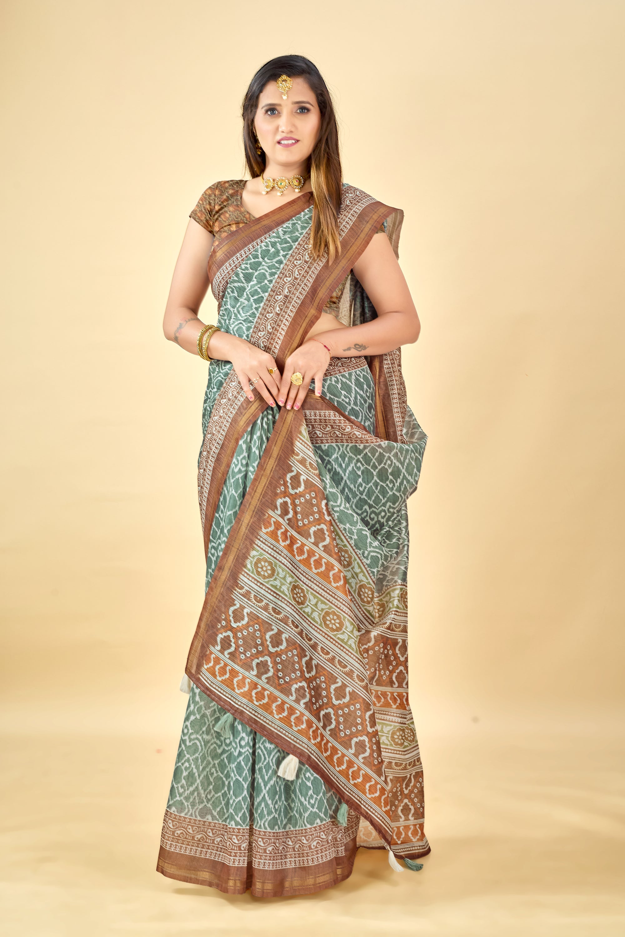 Soft Raw Silk Saree with Ajrakh Digital Prints & Golden Zari Border