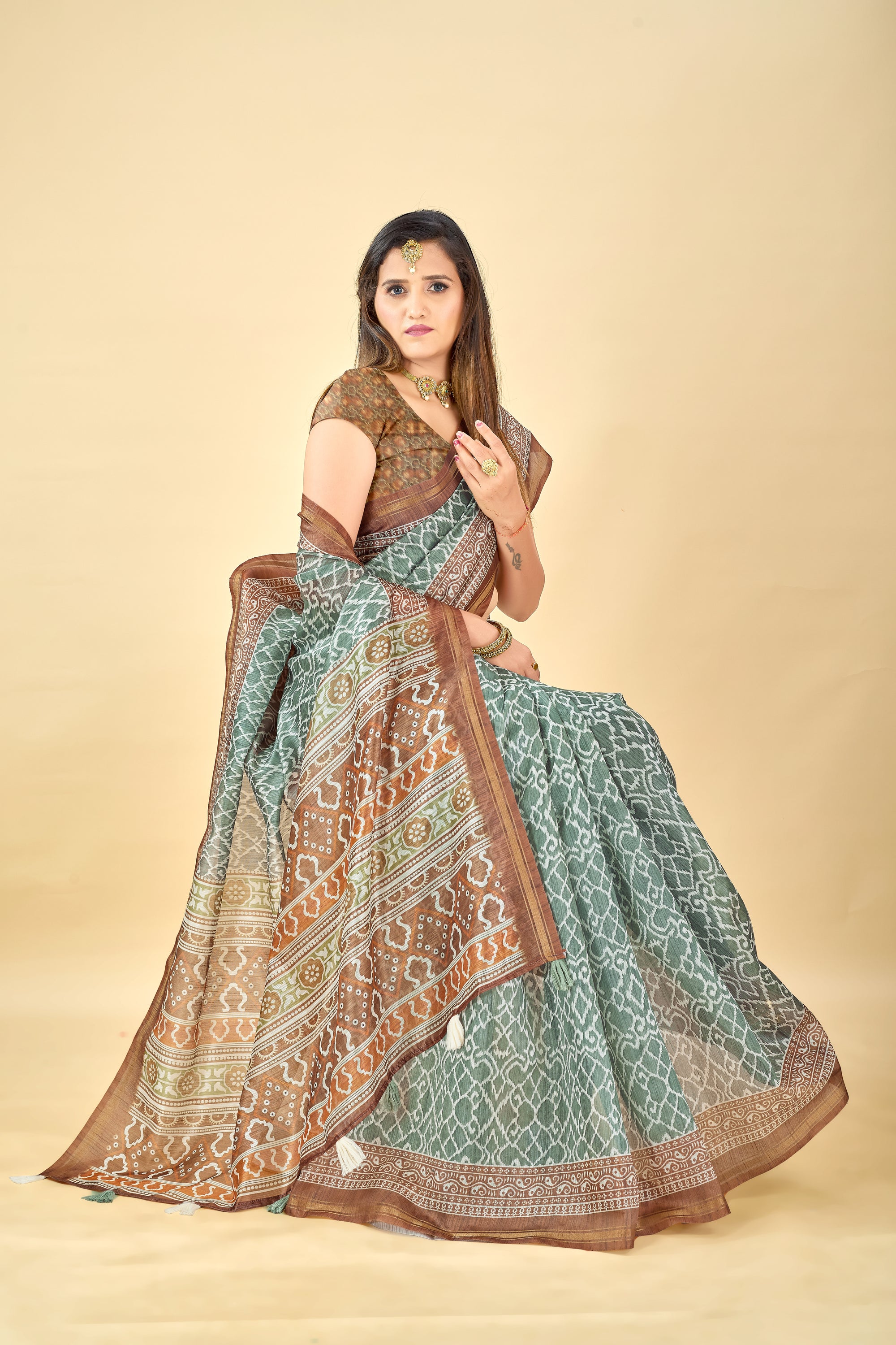 Soft Raw Silk Saree with Ajrakh Digital Prints & Golden Zari Border