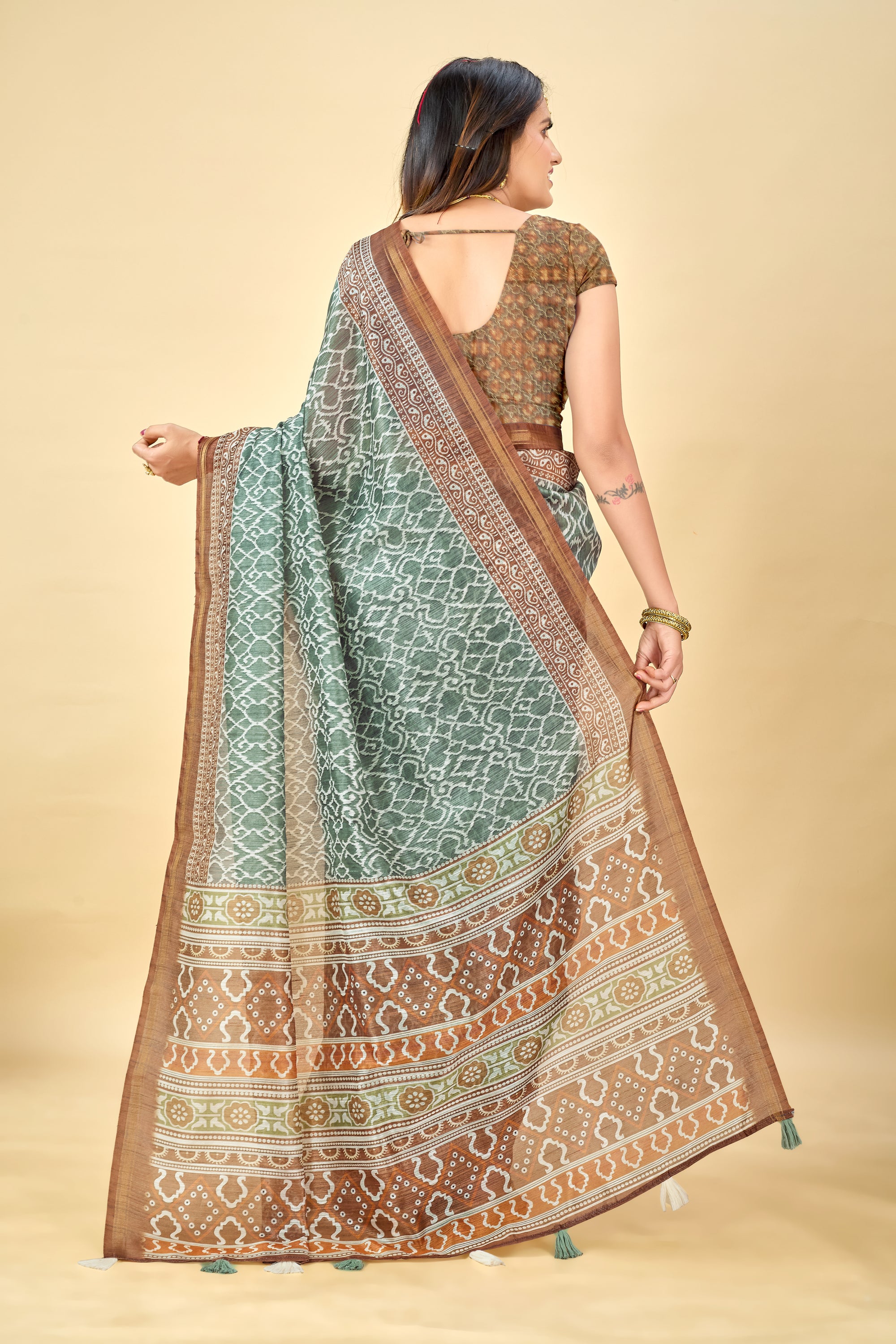 Soft Raw Silk Saree with Ajrakh Digital Prints & Golden Zari Border