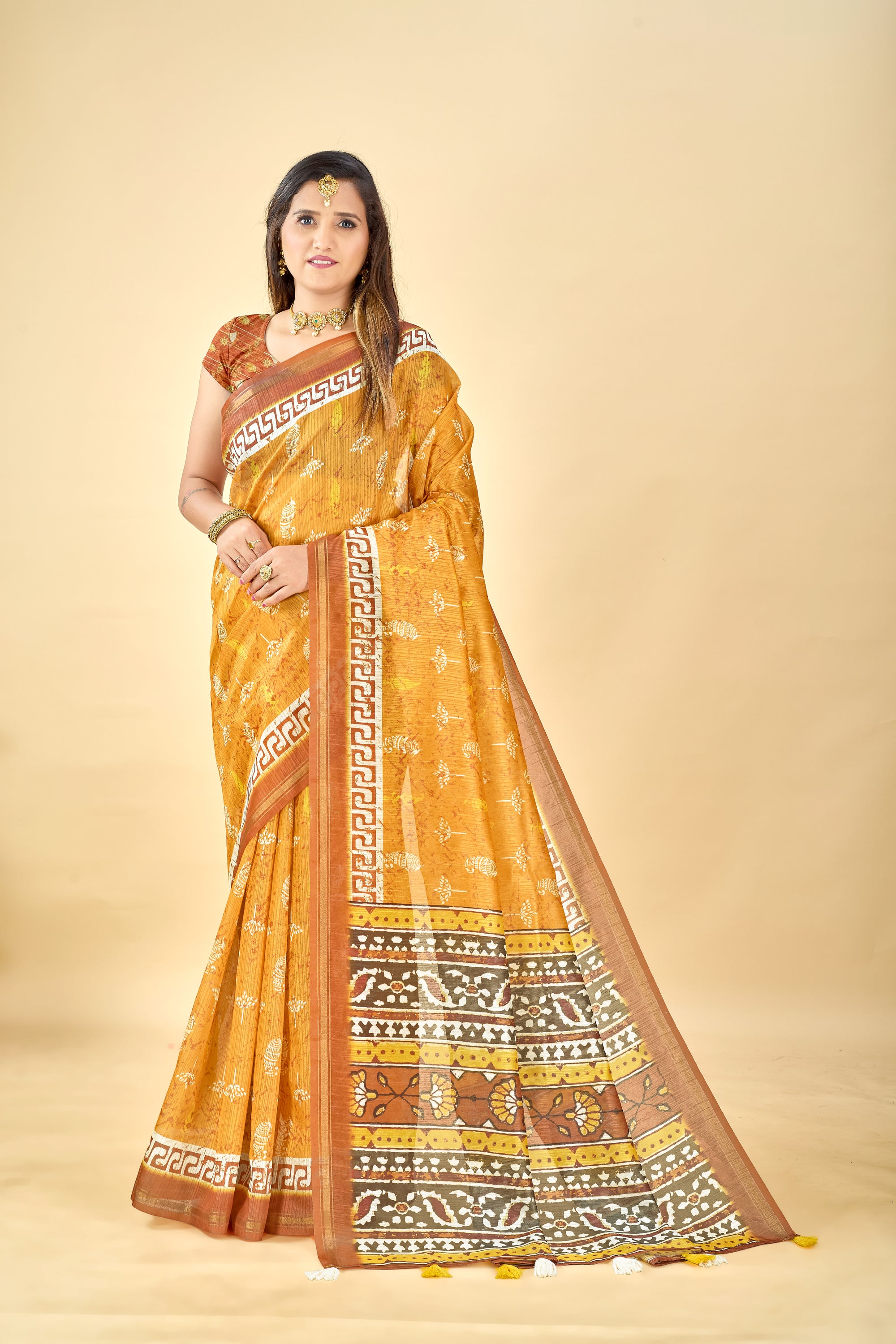 Soft Raw Silk Saree with Ajrakh Digital Prints & Golden Zari Border