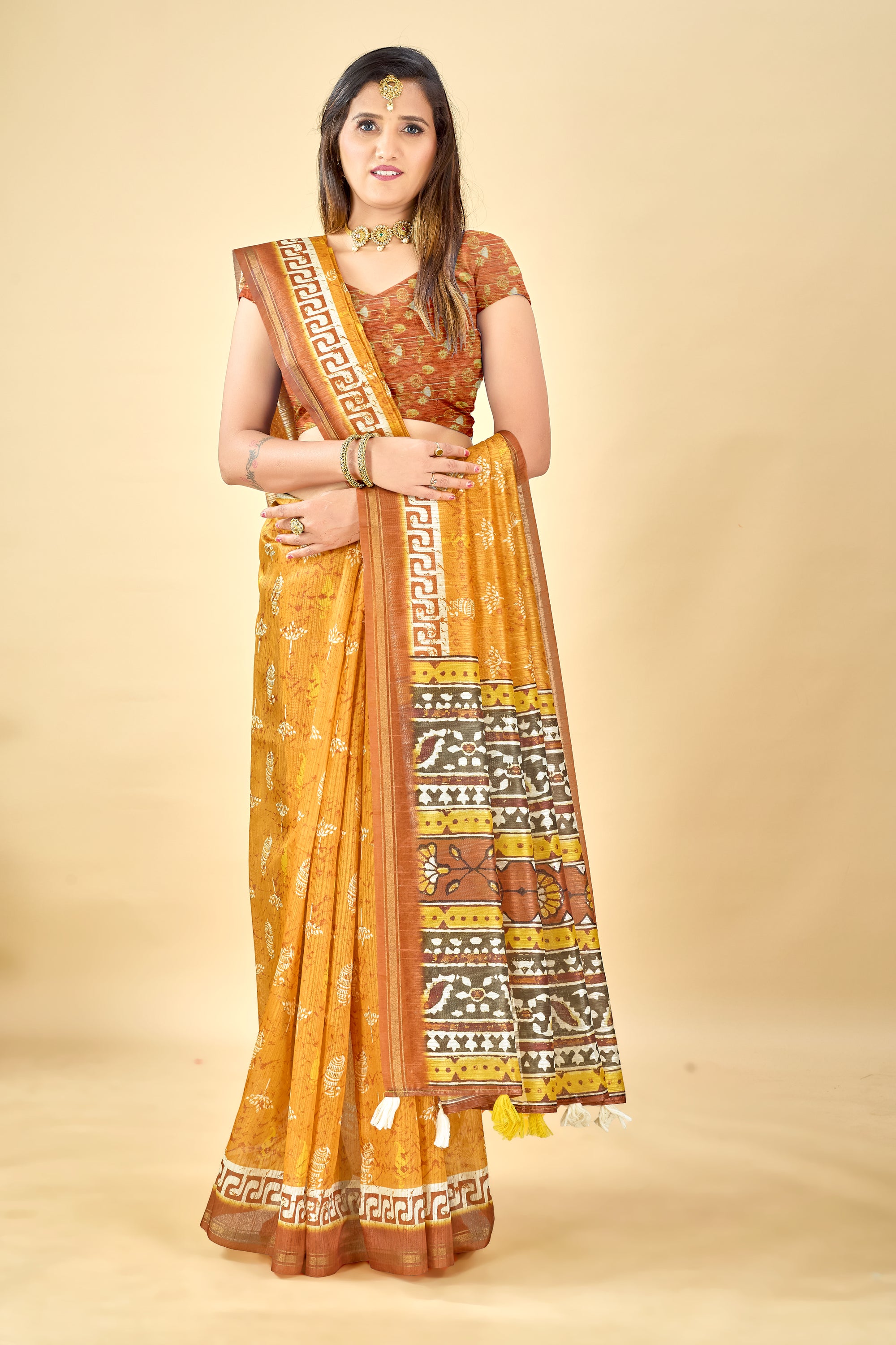 Soft Raw Silk Saree with Ajrakh Digital Prints & Golden Zari Border