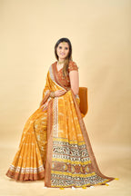 Soft Raw Silk Saree with Ajrakh Digital Prints & Golden Zari Border