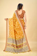 Soft Raw Silk Saree with Ajrakh Digital Prints & Golden Zari Border
