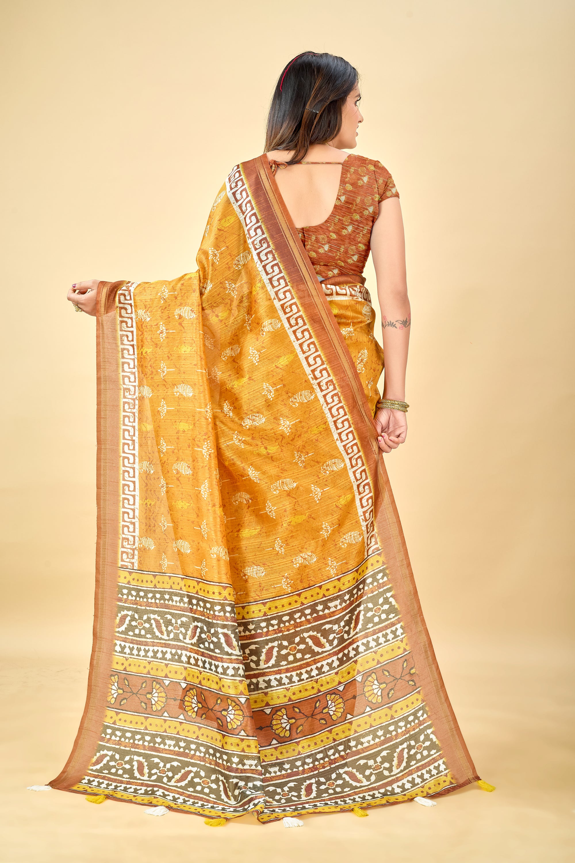 Soft Raw Silk Saree with Ajrakh Digital Prints & Golden Zari Border