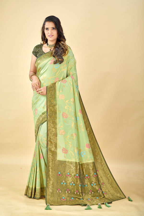 Pista Pure Viscose Tissue Silk Saree with Meenakari Pallu