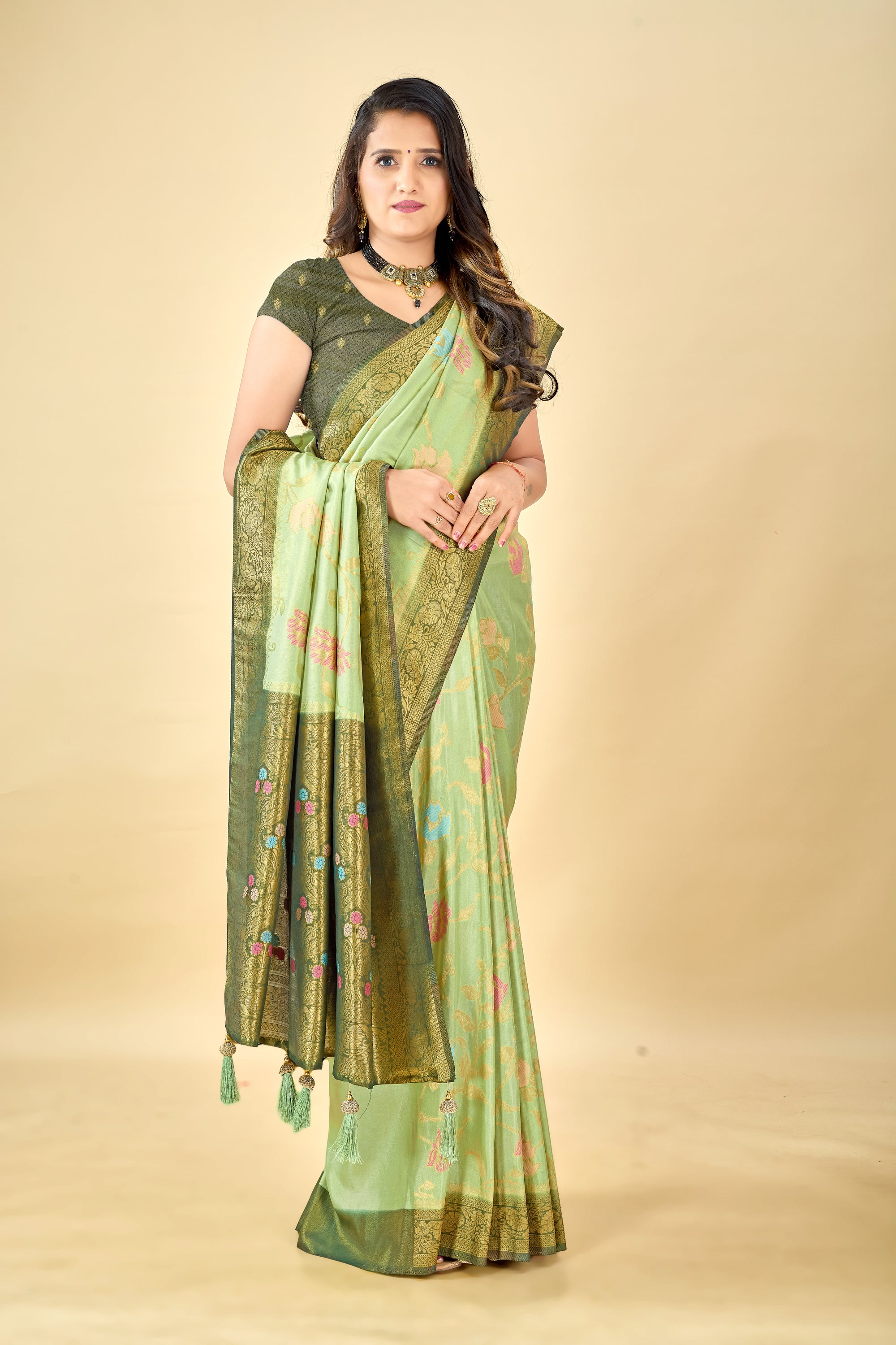 Pista Pure Viscose Tissue Silk Saree with Meenakari Pallu