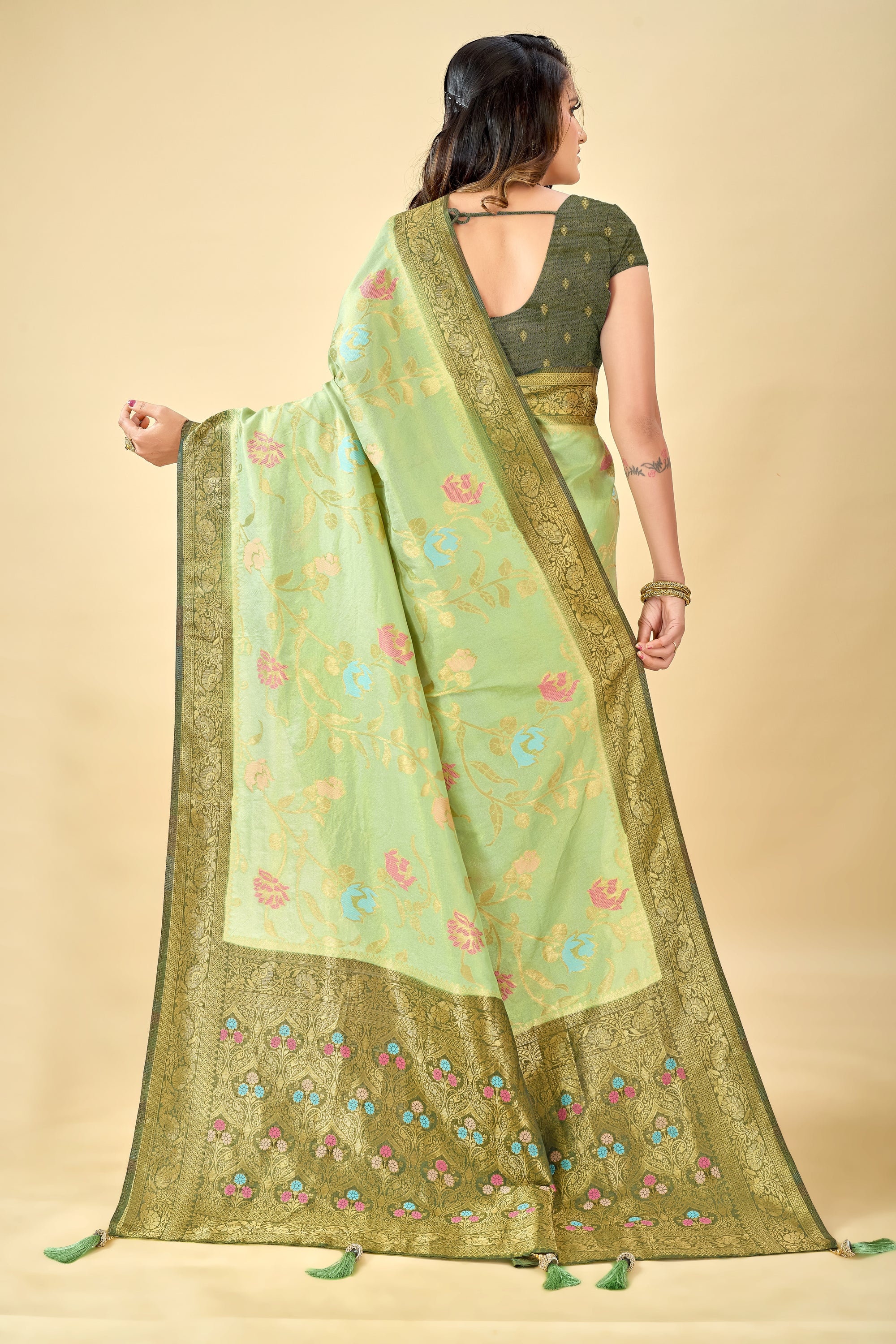 Pista Pure Viscose Tissue Silk Saree with Meenakari Pallu