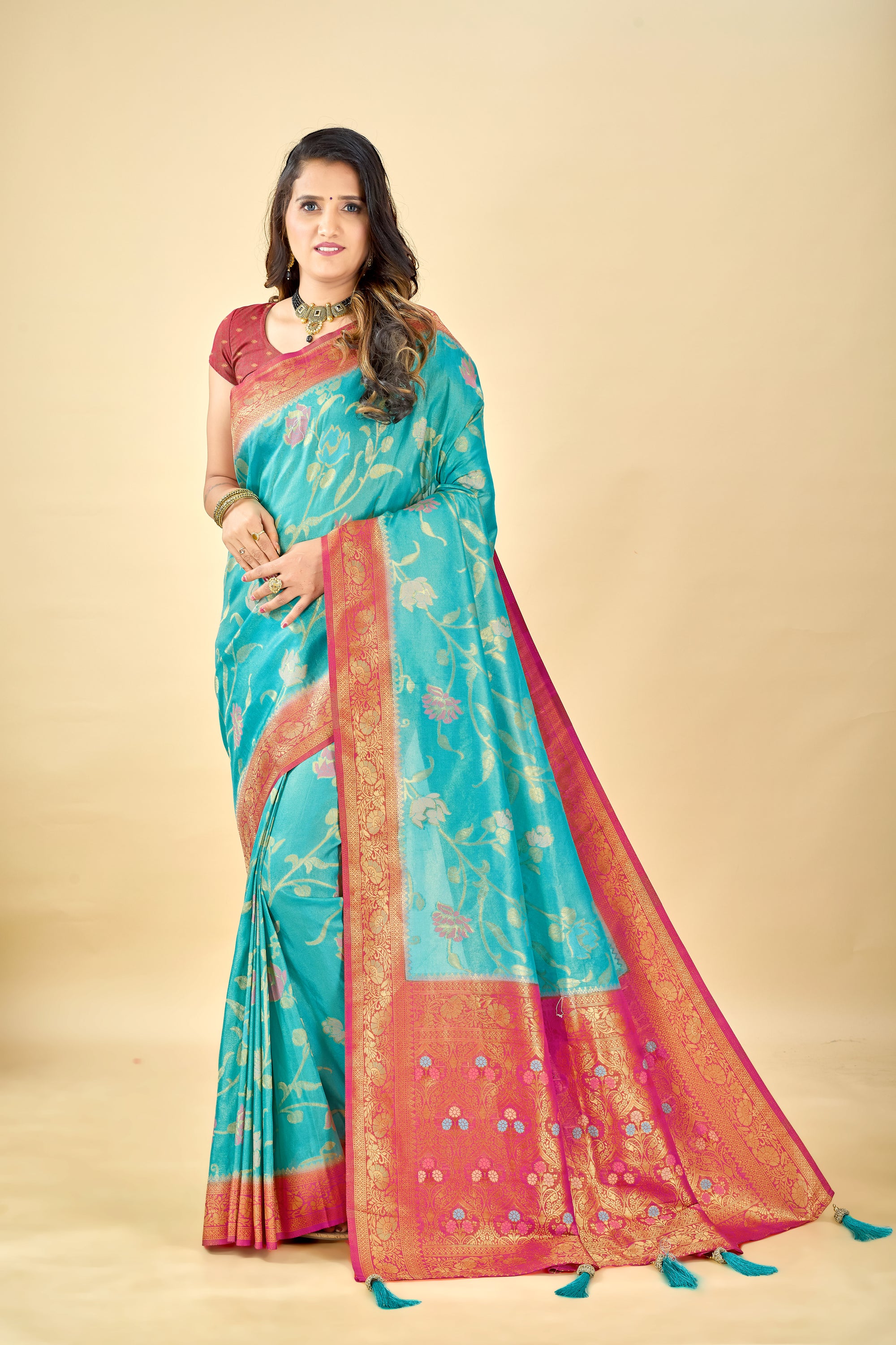 Blue Pure Viscose Tissue Silk Saree with Meenakari Pallu