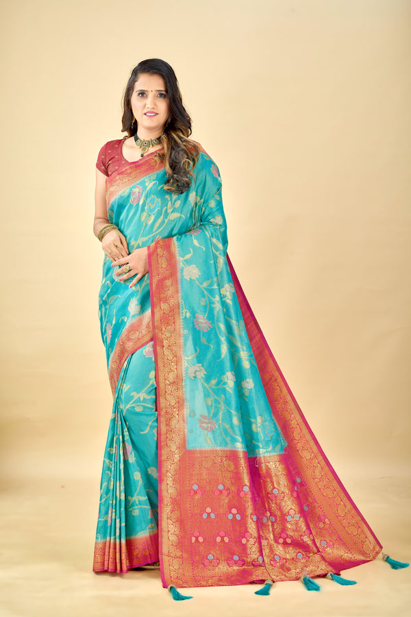 Blue Pure Viscose Tissue Silk Saree with Meenakari Pallu