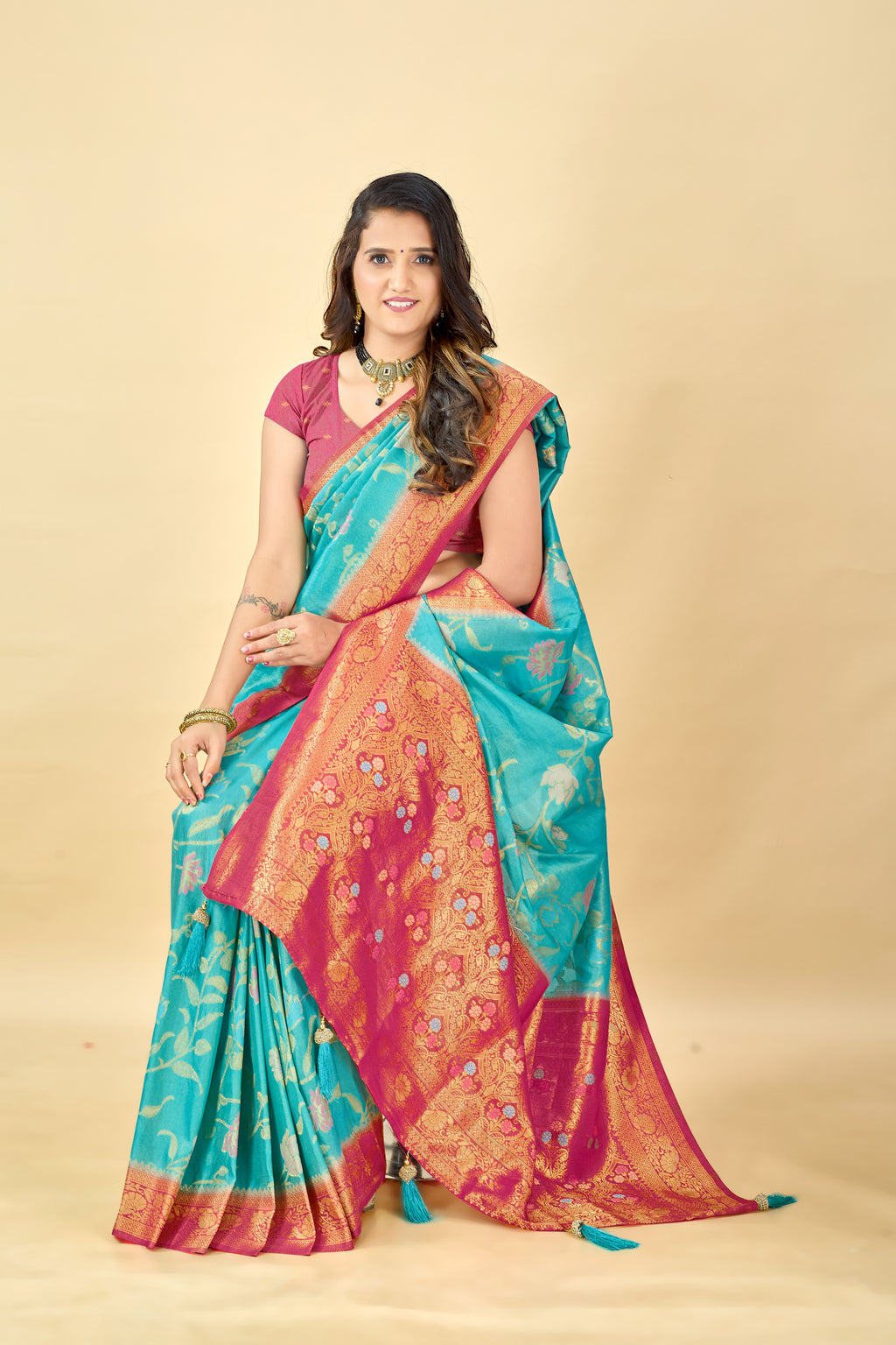 Blue Pure Viscose Tissue Silk Saree with Meenakari Pallu