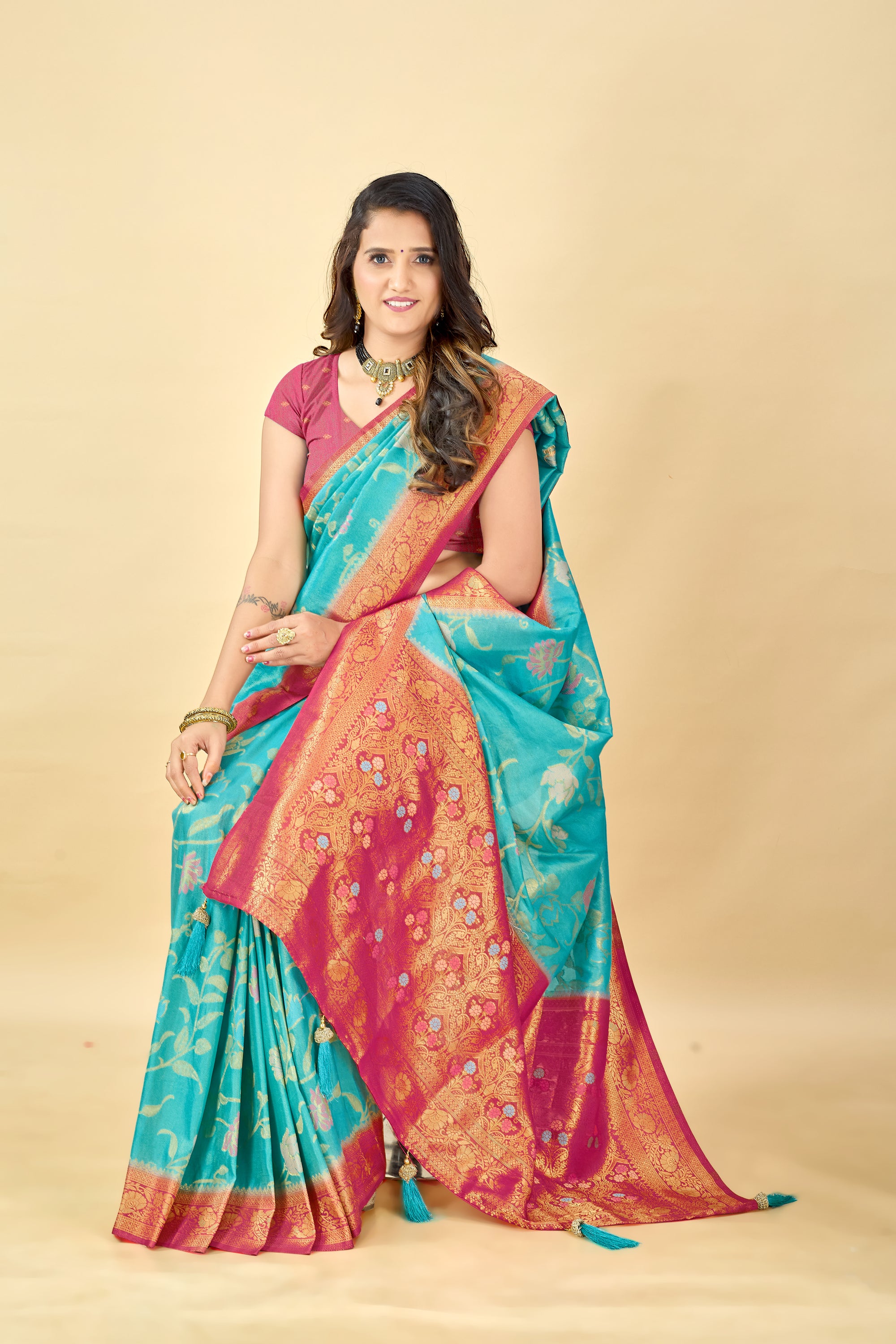 Blue Pure Viscose Tissue Silk Saree with Meenakari Pallu