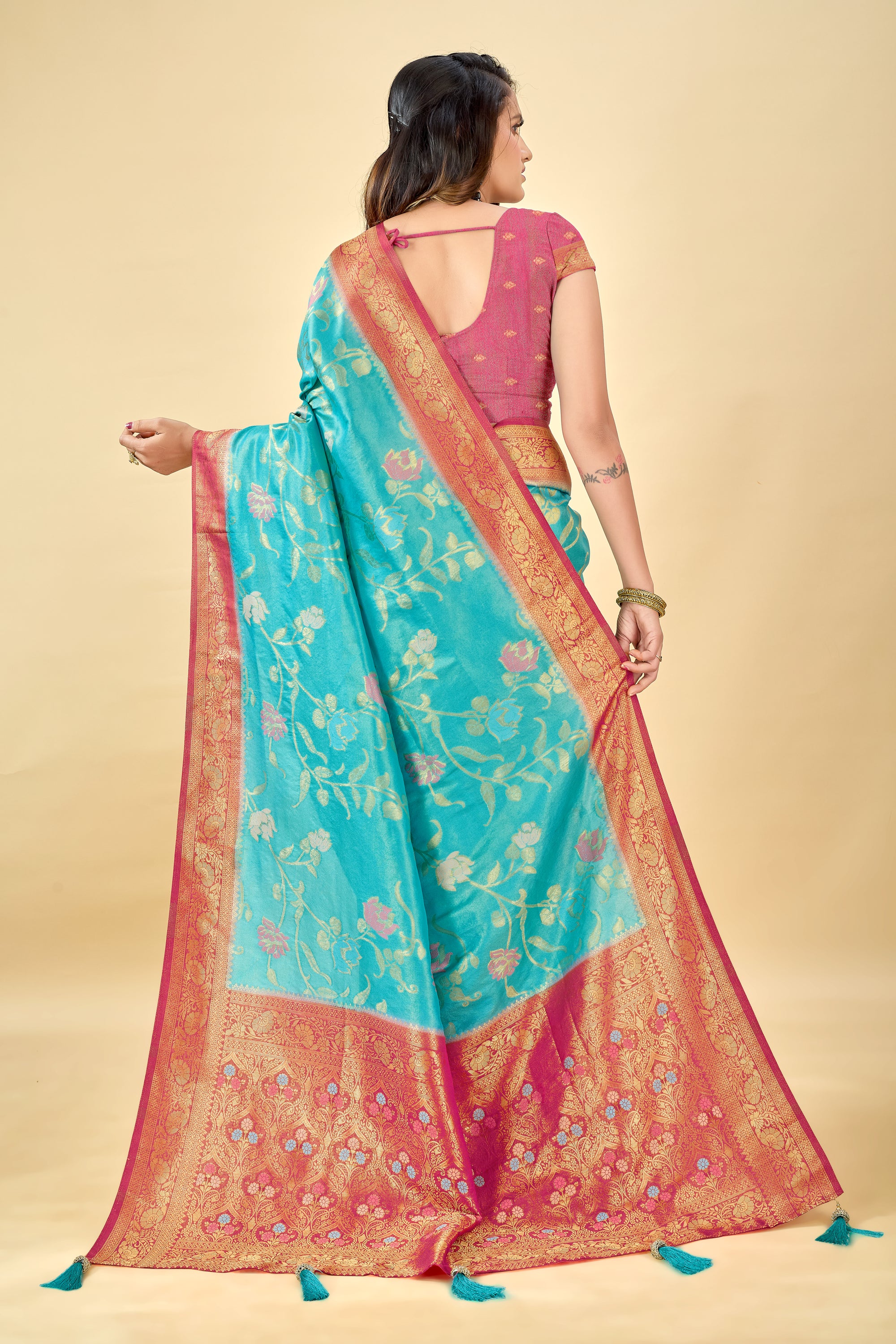 Blue Pure Viscose Tissue Silk Saree with Meenakari Pallu