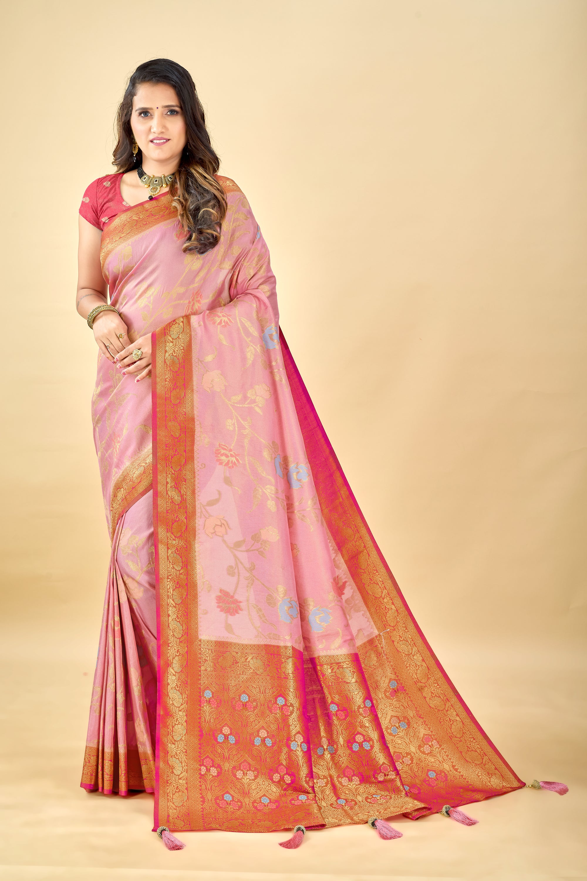 Pink Pure Viscose Tissue Silk Saree with Meenakari Pallu