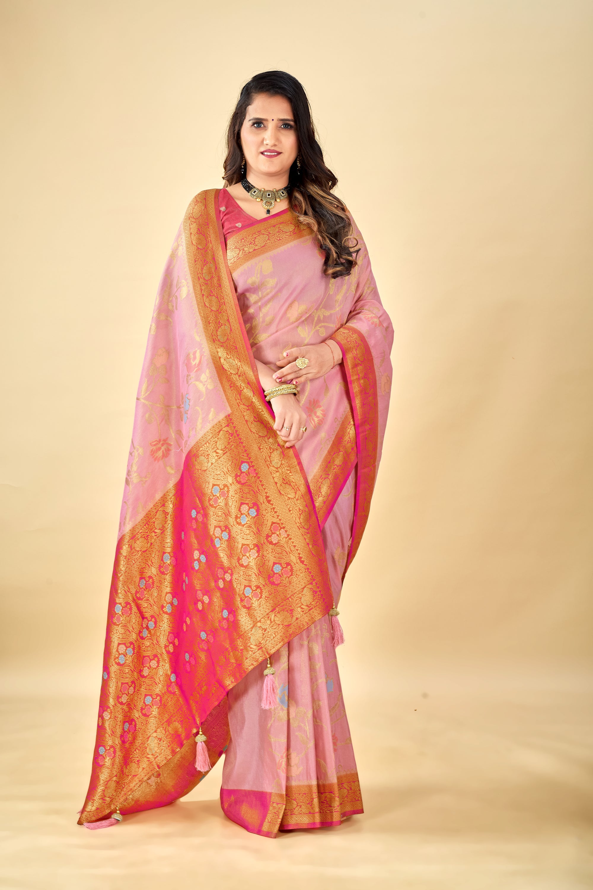 Pink Pure Viscose Tissue Silk Saree with Meenakari Pallu