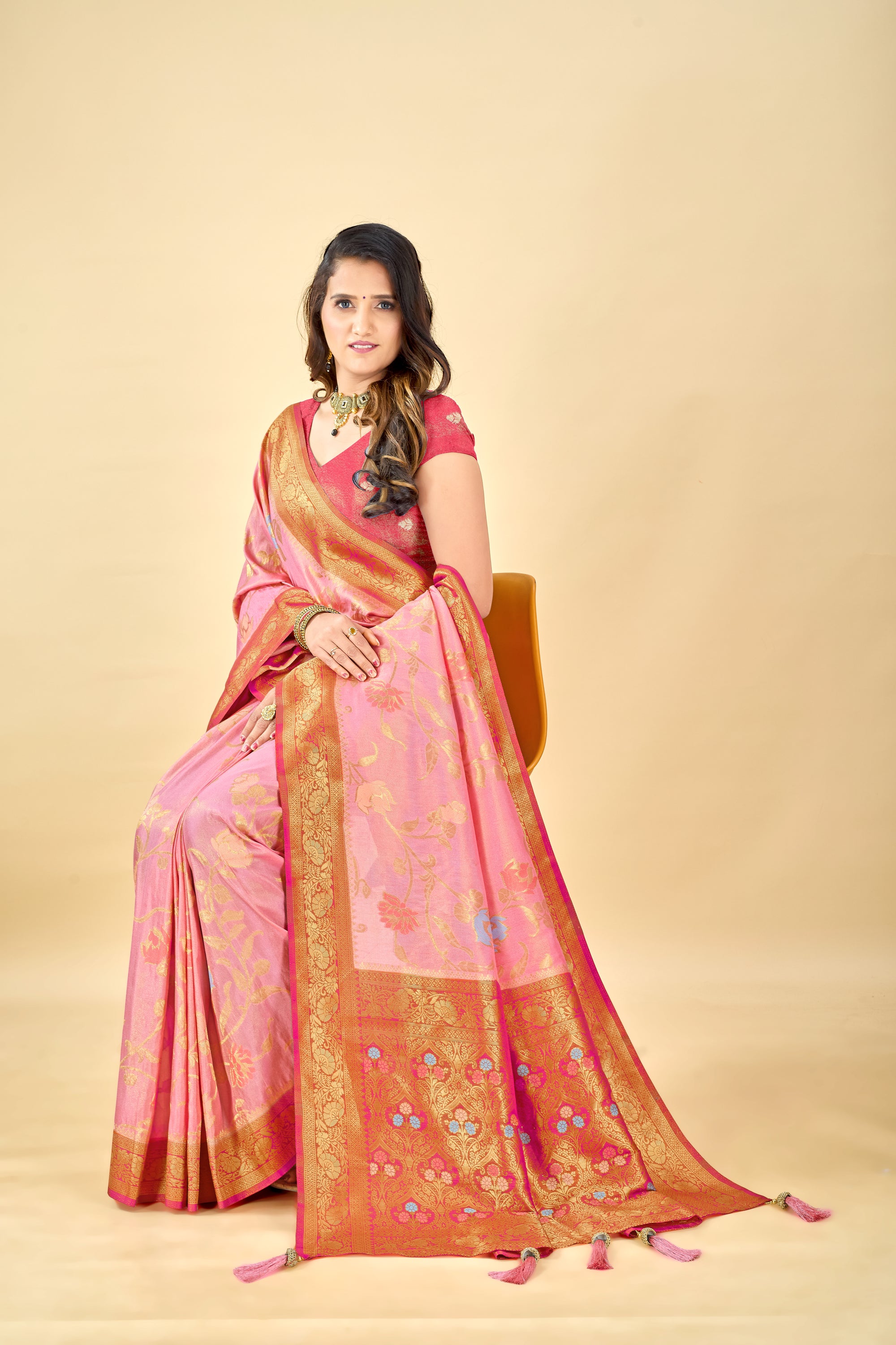 Pink Pure Viscose Tissue Silk Saree with Meenakari Pallu