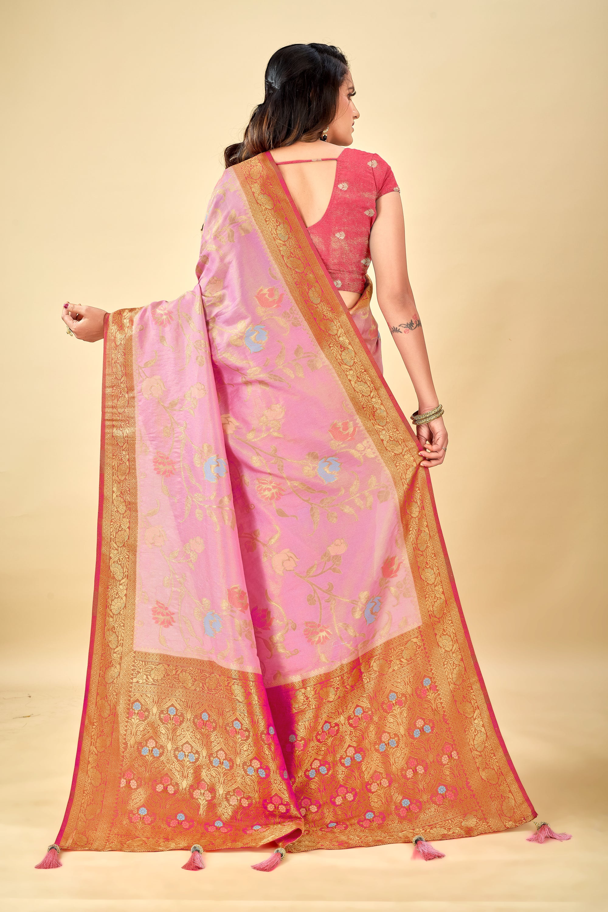 Pink Pure Viscose Tissue Silk Saree with Meenakari Pallu