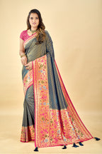 Navy Blue Pure Tissue Viscose Paithani Silk Saree with Golden Zari Motifs