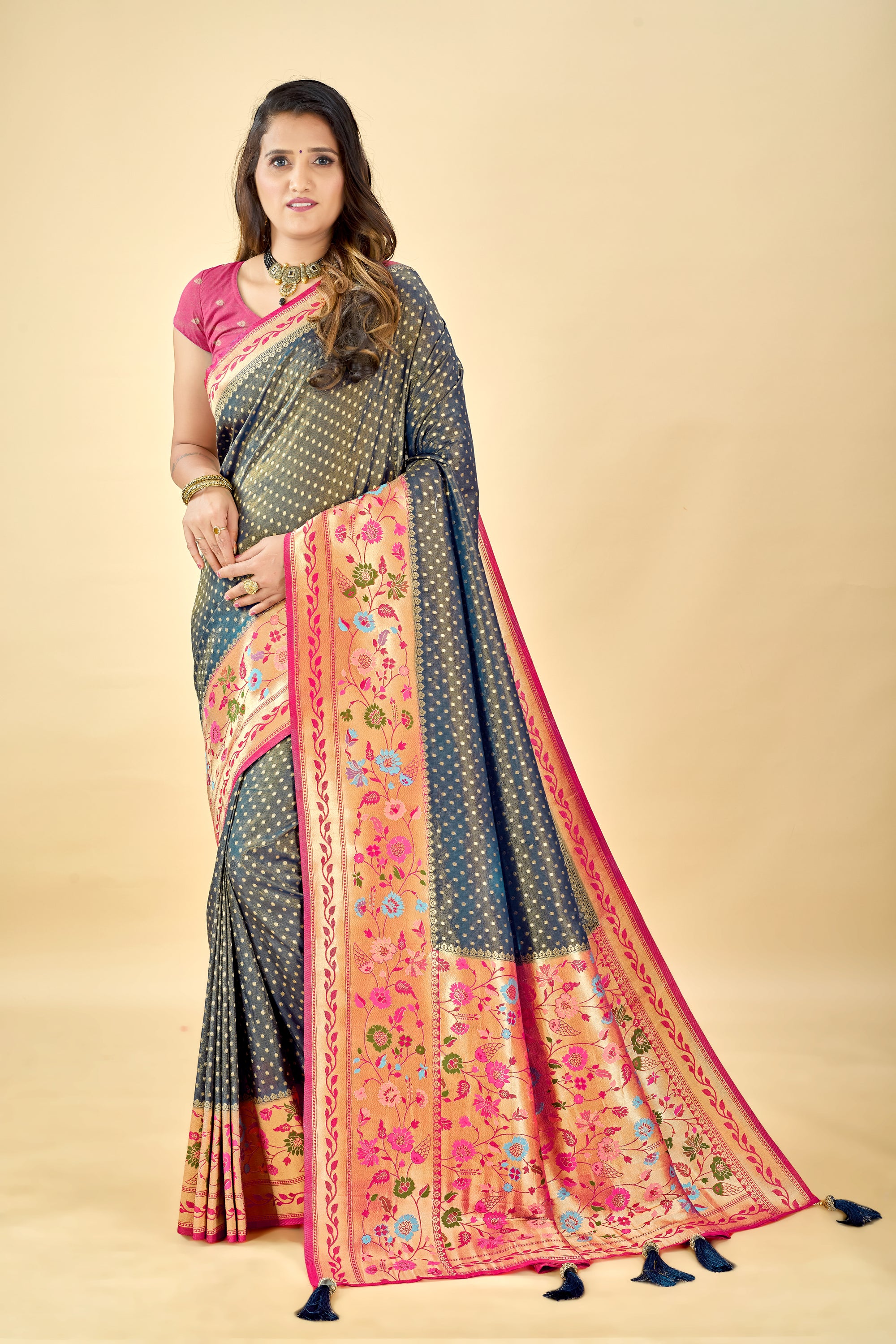 Navy Blue Pure Tissue Viscose Paithani Silk Saree with Golden Zari Motifs