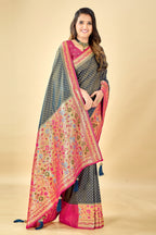 Navy Blue Pure Tissue Viscose Paithani Silk Saree with Golden Zari Motifs