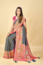 Navy Blue Pure Tissue Viscose Paithani Silk Saree with Golden Zari Motifs