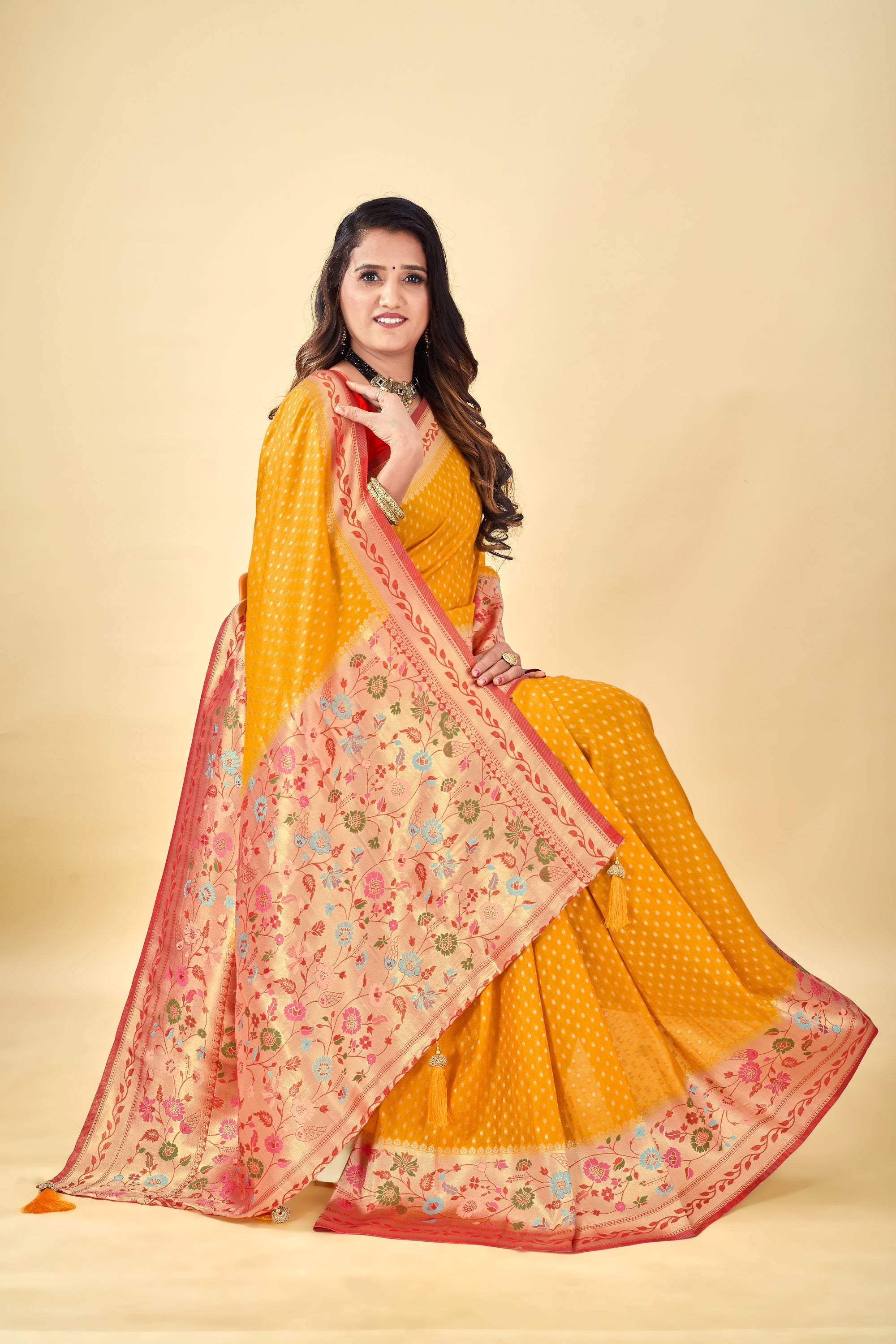 Yellow Pure Tissue Viscose Paithani Silk Saree with Golden Zari Motifs