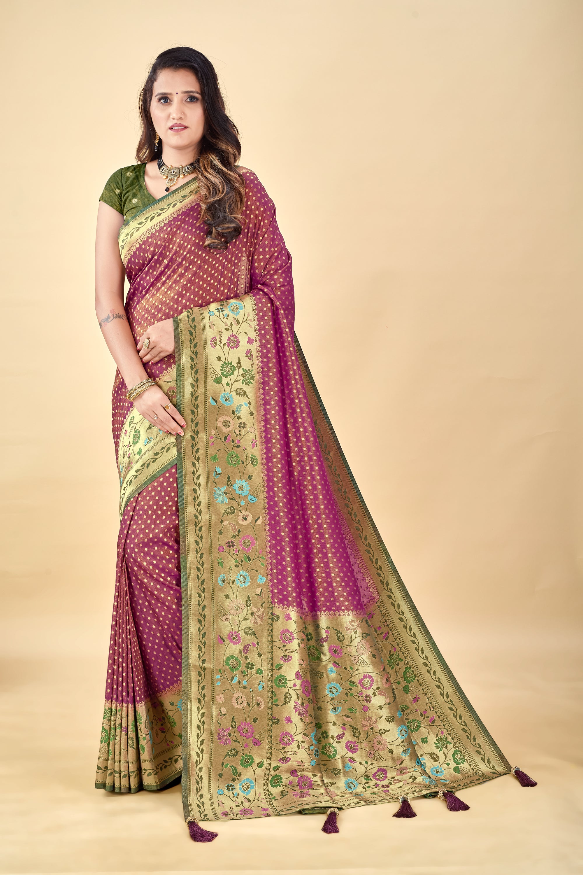 Wine Pure Tissue Viscose Paithani Silk Saree with Golden Zari Motifs