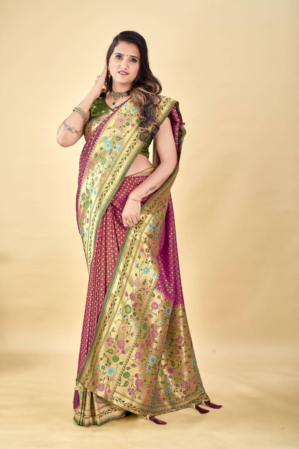 Wine Pure Tissue Viscose Paithani Silk Saree with Golden Zari Motifs