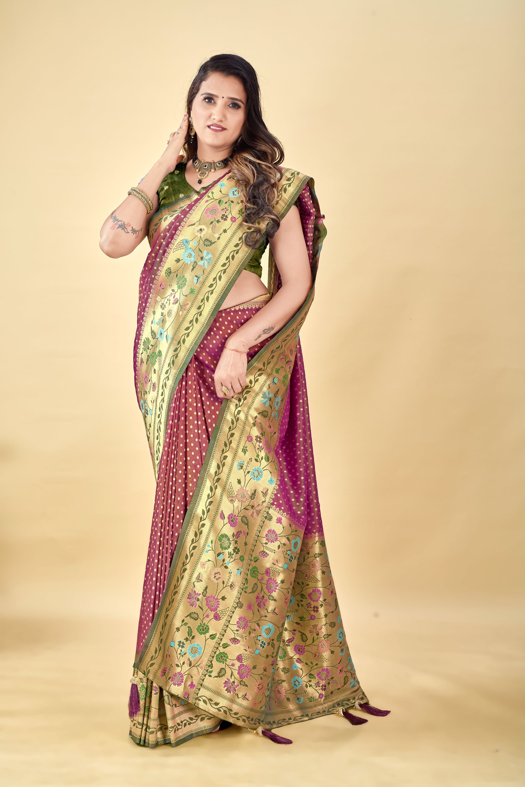 Wine Pure Tissue Viscose Paithani Silk Saree with Golden Zari Motifs